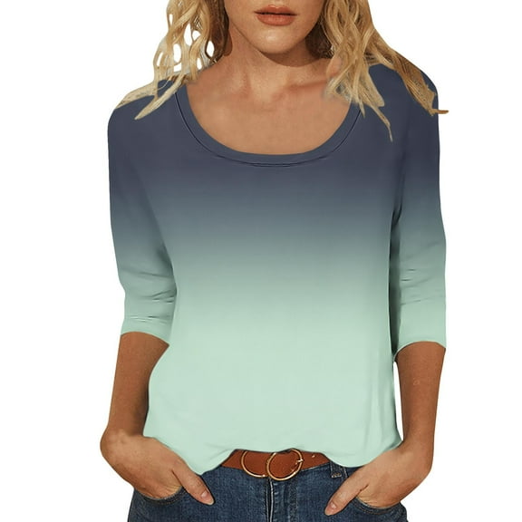 Womens Spring Clothes, 3/4 Sleeve Shirts for Women Summer Fashion Loose Fit Ombre Tie Dye Striped Printed Crewneck T-Shirts