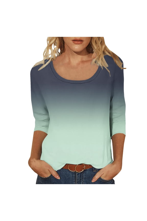 Womens Spring Clothes, 3/4 Sleeve Shirts for Women Summer Fashion Loose Fit Ombre Tie Dye Striped Printed Crewneck T-Shirts