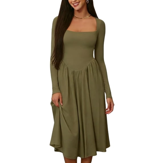 Womens Spring Dress 2026 - Square Neck Long Sleeve Casual A-Line Flowy Elegant Wedding Guest Party Midi Dress