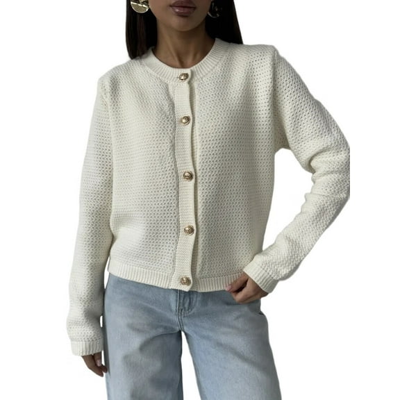 Womens Spring Fall Casual Cropped Cardigan Button Front Solid Color Striped Long Sleeve Tops Sweaters White M