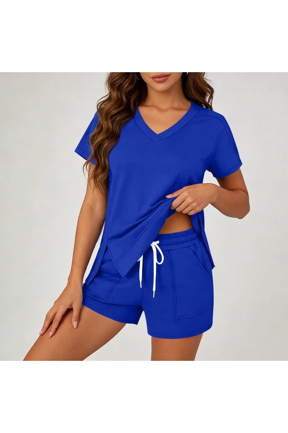 Womens Spring Outfits Women's Casual Short Sleeve Set V Neck Side Split T-Shirt Tops with Elastic Waist Shorts, Soft Breathable Daily Wear Sports Outfits Blue L