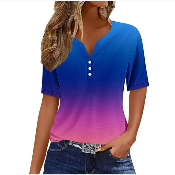 Womens Spring Shirt Women'S Plus Size Tops, Summer Tops for Women 2024 Trendy Vacation Short Sleeve Button V Neck T Shirt Boho Casual Fashion Spring Tee Clothes