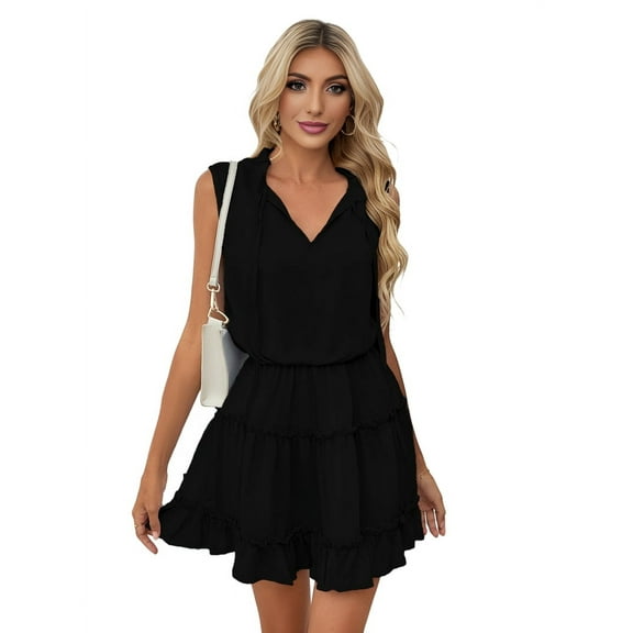 Womens Spring Summer 2025 Sleeveless Split V Neck Ruffle Chiffon Elegant Mini Short Skirt Dresses
