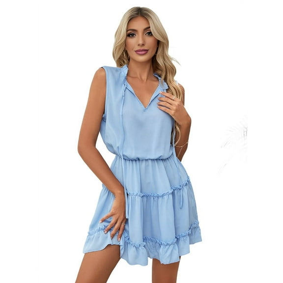 Womens Spring Summer 2025 Sleeveless Split V Neck Ruffle Chiffon Elegant Mini Short Skirt Dresses Blue XL