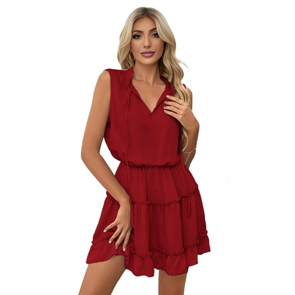 Womens Spring Summer 2025 Sleeveless Split V Neck Ruffle Chiffon Elegant Mini Short Skirt Dresses Wine Red XL