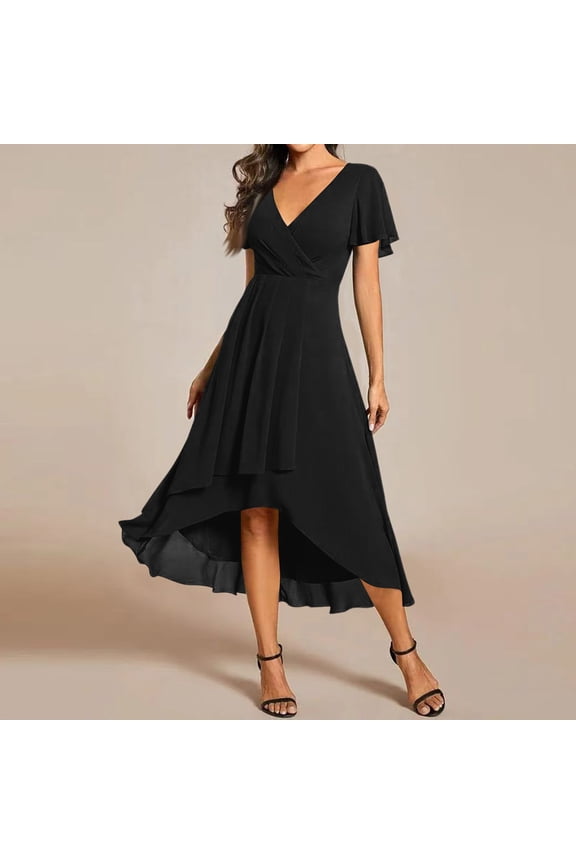 Womens Spring Summer Chiffon Wedding Guest Dresses V Neck Ruffle Sleeves Midi Semi Formal Cocktail Dress Black S
