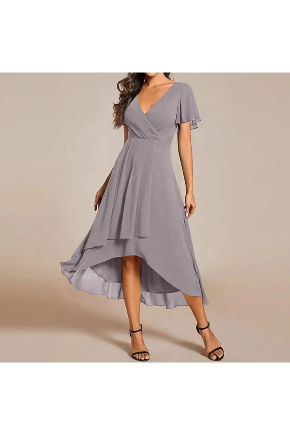 Womens Spring Summer Chiffon Wedding Guest Dresses V Neck Ruffle Sleeves Midi Semi Formal Cocktail Dress Light Gray L