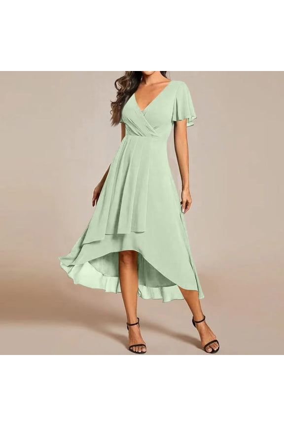 Womens Spring Summer Chiffon Wedding Guest Dresses V Neck Ruffle Sleeves Midi Semi Formal Cocktail Dress Light Green L