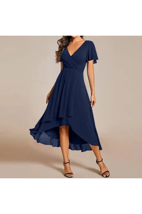 Womens Spring Summer Chiffon Wedding Guest Dresses V Neck Ruffle Sleeves Midi Semi Formal Cocktail Dress Navy XL