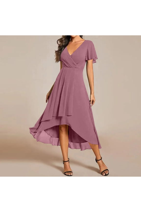 Womens Spring Summer Chiffon Wedding Guest Dresses V Neck Ruffle Sleeves Midi Semi Formal Cocktail Dress Pink L