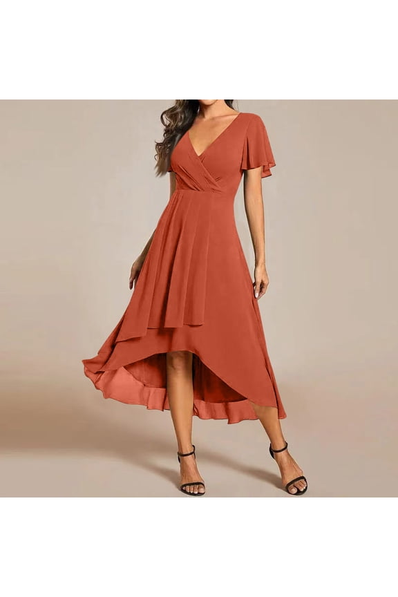 Womens Spring Summer Chiffon Wedding Guest Dresses V Neck Ruffle Sleeves Midi Semi Formal Cocktail Dress Saffron S