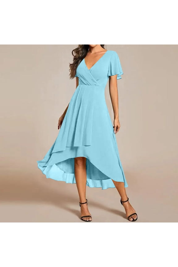 Womens Spring Summer Chiffon Wedding Guest Dresses V Neck Ruffle Sleeves Midi Semi Formal Cocktail Dress Sky Blue L
