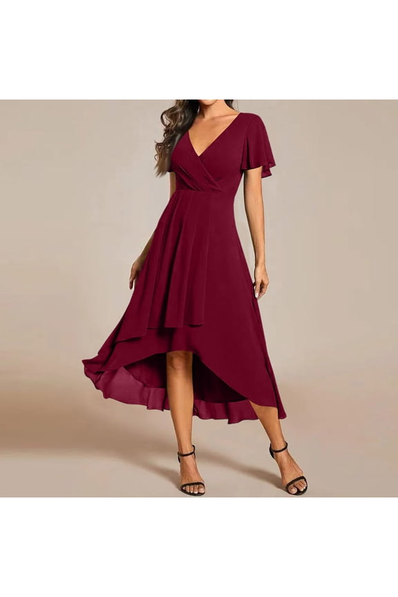 Womens Spring Summer Chiffon Wedding Guest Dresses V Neck Ruffle Sleeves Midi Semi Formal Cocktail Dress Wine 2XL