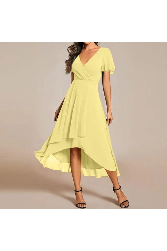 Womens Spring Summer Chiffon Wedding Guest Dresses V Neck Ruffle Sleeves Midi Semi Formal Cocktail Dress Yellow XL