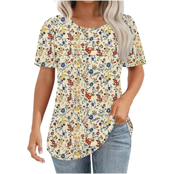 Womens Spring Summer Clothing Tops Women's New Short Sleeve Plus Size T Shirts Round Neck Pullover Chest Pleated Casual Print Top
