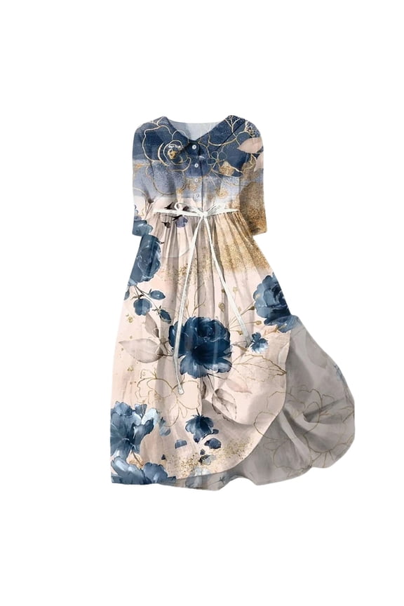 Womens Spring Summer Dresses Boho Floral Lapel Neck Button Casual Midi Dress Short Sleeve Lace Up Flowy Long Dress