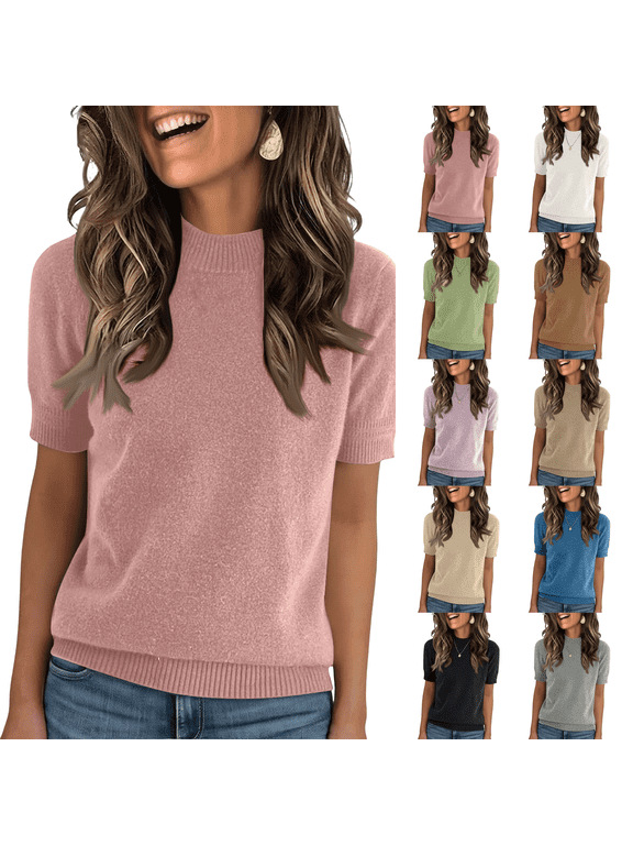 Womens Spring Summer Lightweight Short Sleeve Business Casual Knit Tops Pullover Sweaters Pink 2XL