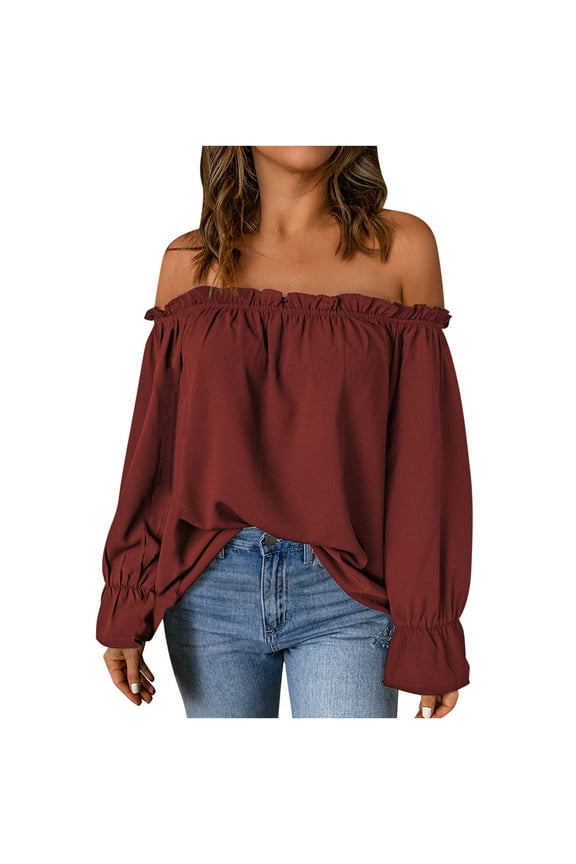 Womens Spring Summer Off The Shoulder Tops Summer Long Sleeve Strapless Blouses T-Shirt Casual Loose Tunics Shirts