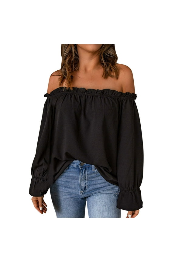 Womens Spring Summer Off The Shoulder Tops Summer Long Sleeve Strapless Blouses T-Shirt Casual Loose Tunics Shirts