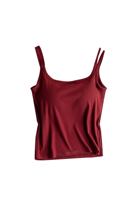 Womens Spring Summer Outerwear - Threaded Shoulder Sling Vest with Chest Pad, Solid Color, Stretchy Cotton Blend