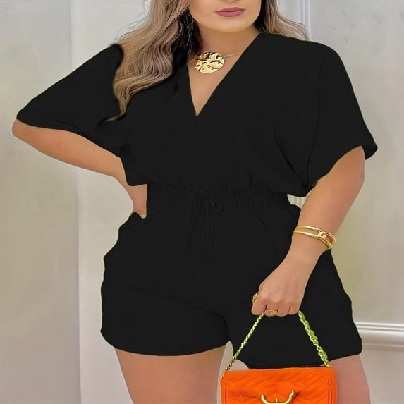 Womens Spring Summer Romper V‑Neck Bat Sleeve High Waist Casual Short One Piece Jumpsuit Alternative Black S