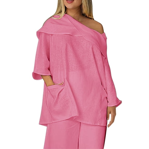 Womens Spring Summer Shirts Casual Solid Color Long Sleeve Cotton And Linen Top Draped Neck 3/4 Sleeve Comfortable Casual Linen Pocket Shirts Shirts for Women