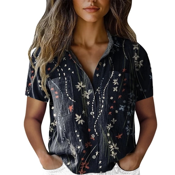 Womens Spring Summer Shirts Cotton Printed Fashion Casual Short Sleeve Shirts for Women