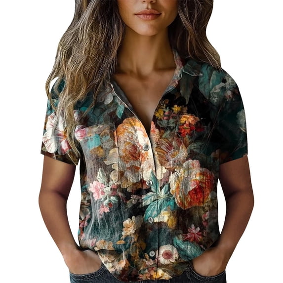 Womens Spring Summer Shirts Cotton Printed Fashion Casual Short Sleeve Shirts for Women