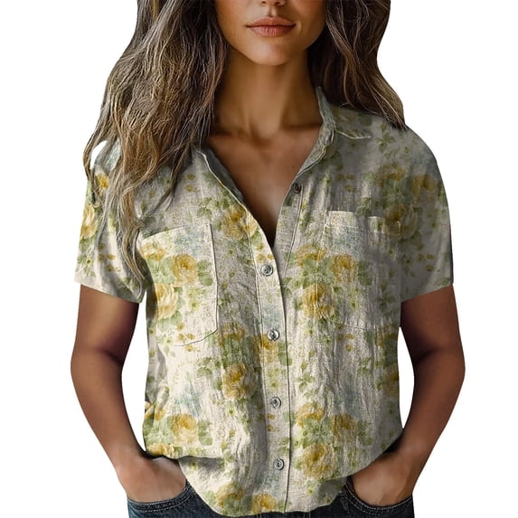 Womens Spring Summer Shirts Cotton Printed Fashion Casual Short Sleeve Shirts for Women