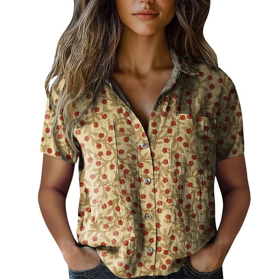 Womens Spring Summer Shirts Cotton Printed Fashion Casual Short Sleeve Shirts for Women