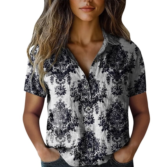 Womens Spring Summer Shirts Cotton Printed Fashion Casual Short Sleeve Shirts for Women