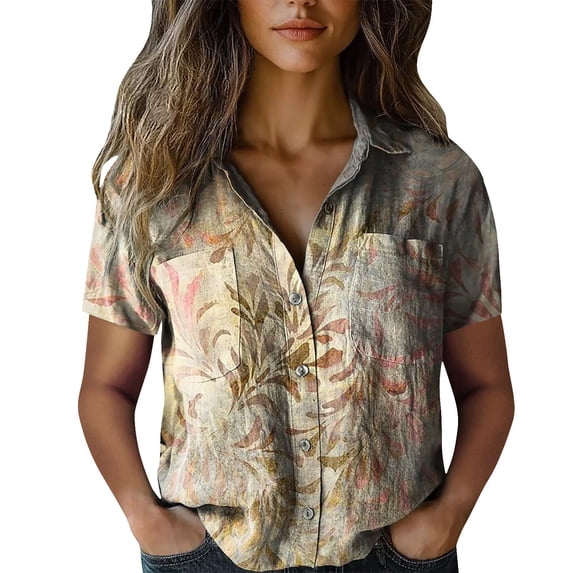 Womens Spring Summer Shirts Cotton Printed Fashion Casual Short Sleeve Shirts for Women