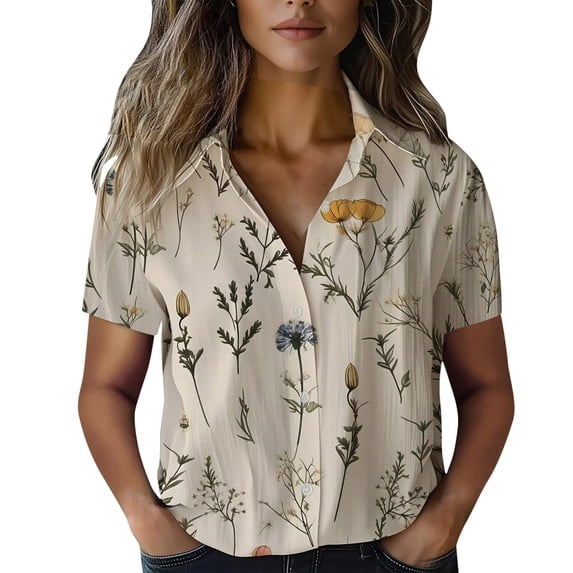 Womens Spring Summer Shirts Cotton Printed Fashion Casual Short Sleeve Shirts for Women