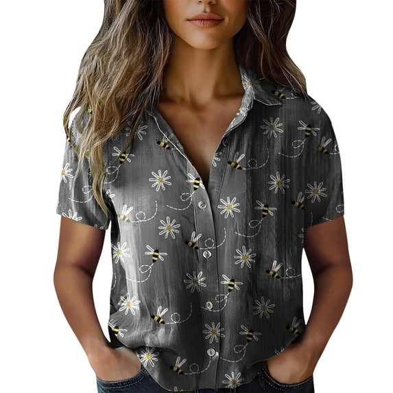 Womens Spring Summer Shirts Cotton Printed Fashion Casual Short Sleeve Shirts for Women