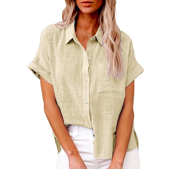 Womens Spring Summer Shirts Fashion Solid Linen Casual Loose Short Sleeve Shirts for Women