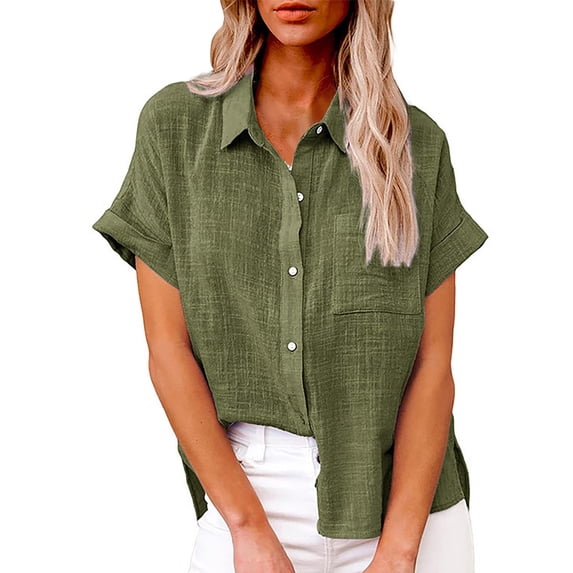 Womens Spring Summer Shirts Fashion Solid Linen Casual Loose Short Sleeve Shirts for Women
