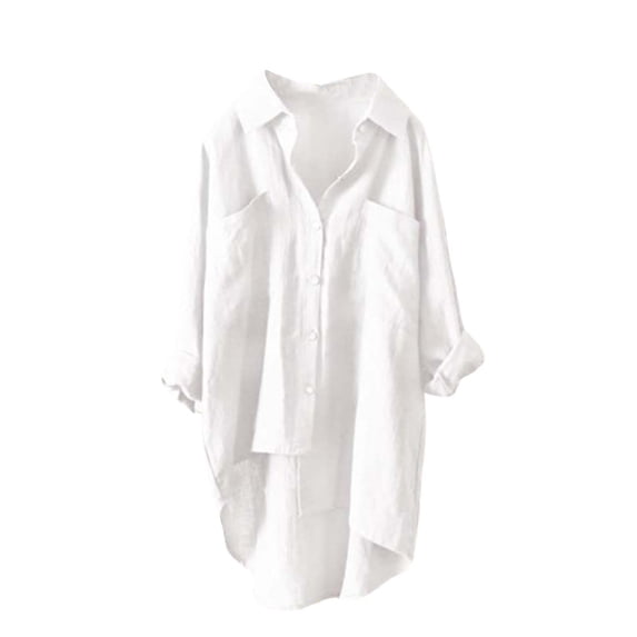 Womens Spring Summer Shirts Pattern Printed Lapel Neck Casual Cotton Linen Long Sleeve Shirts for Women