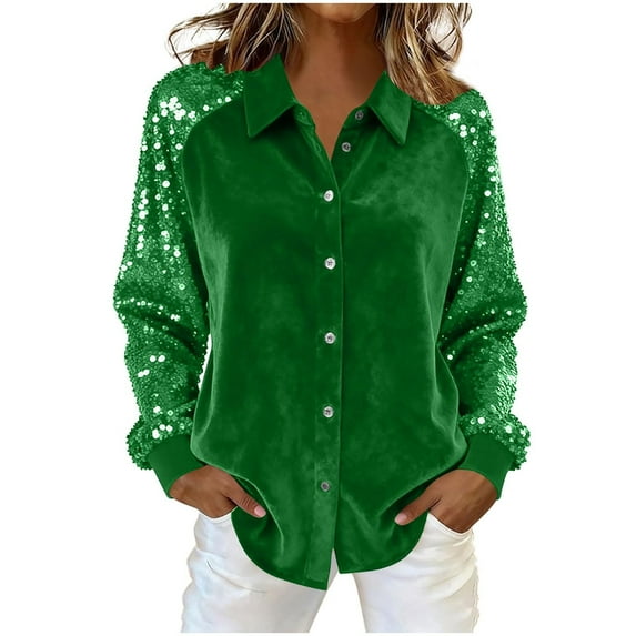 Womens Spring Summer Shirts Solid Color Padded Sequin Button Long Sleeve Casual Shirts for Women