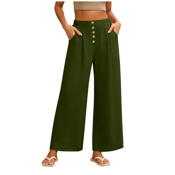 Womens Spring Summer Soft Flowy High Waist Pull On Straight Wide Leg Stretch Drape Dress Pants with Button Army Green