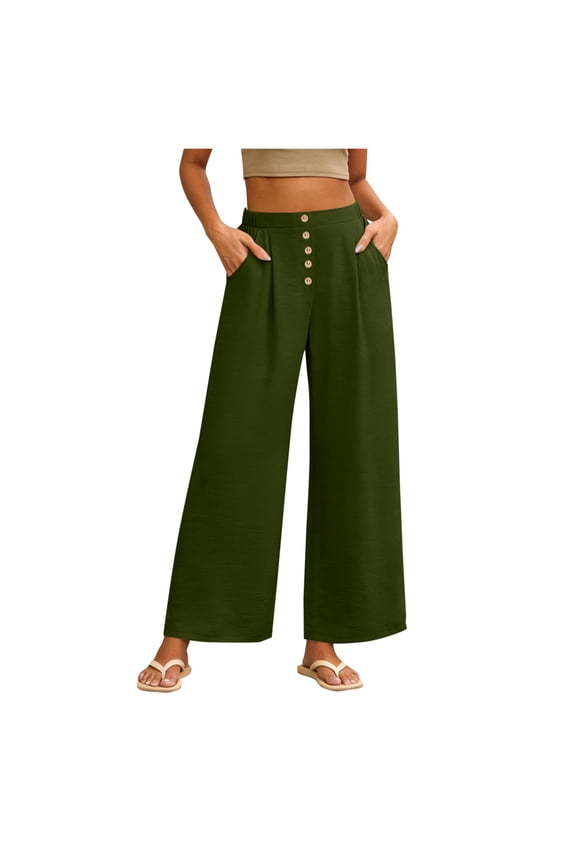 Womens Spring Summer Soft Flowy High Waist Pull On Straight Wide Leg Stretch Drape Dress Pants with Button Army Green