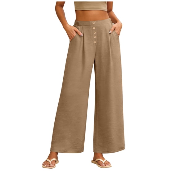 Womens Spring Summer Soft Flowy High Waist Pull On Straight Wide Leg Stretch Drape Dress Pants with Button Khaki