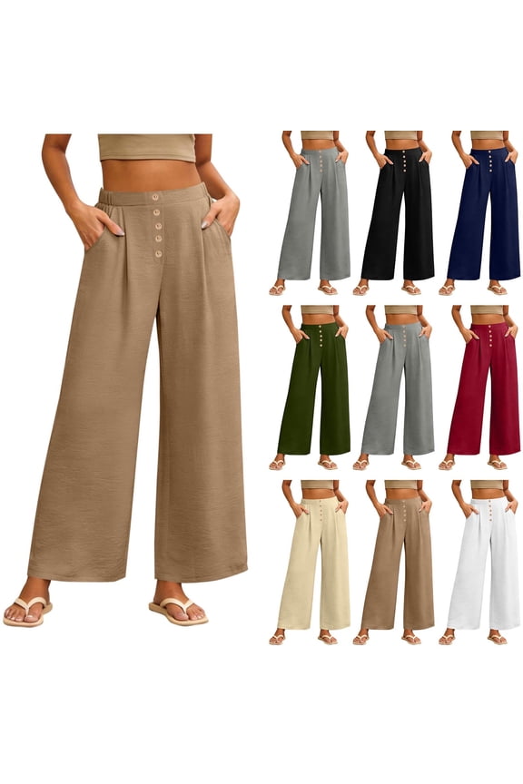 Womens Spring Summer Soft Flowy High Waist Pull On Straight Wide Leg Stretch Drape Dress Pants with Button White