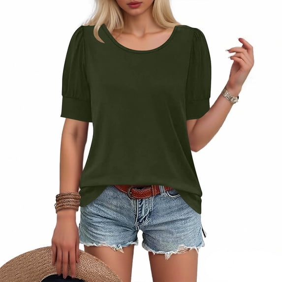 Womens Spring Summer T-Shirts Fashion Short Sleeve Tops Round Neck Loose Solid Shirts Fashion Pleated Sleeve Blouses Pullover