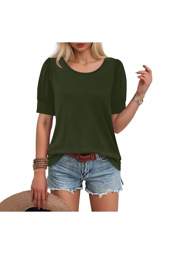 Womens Spring Summer T-Shirts Fashion Short Sleeve Tops Round Neck Loose Solid Shirts Fashion Pleated Sleeve Blouses Pullover