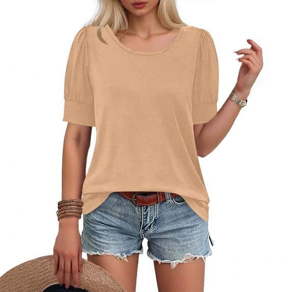 Womens Spring Summer T-Shirts Fashion Short Sleeve Tops Round Neck Loose Solid Shirts Fashion Pleated Sleeve Blouses Pullover