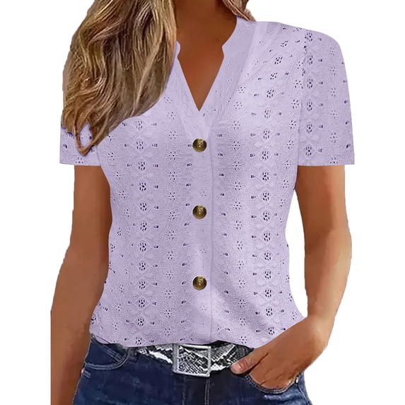 Womens Spring Summer Tops V Neck Button Short Sleeve T-Shirts Outfits Loose Soft Blouses Fashion Solid Color Business Work Casual Basic Tunic Top