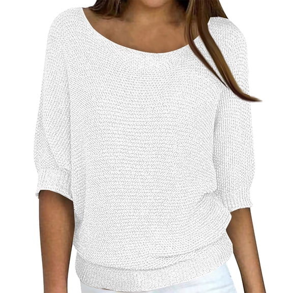 Womens Spring Sweater 3/4 Length Sleeve Tops 2025 Trendy Plain Knit Shirt Ladies Plus Size Round Neck Pullover Blouse White XL