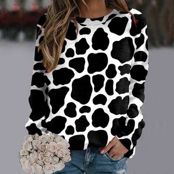 Womens Spring Sweatshirts Casual Oversized Fashion Tops Cow Print Long Sleeve Crewneck Basic Y2K 2026 Pullover