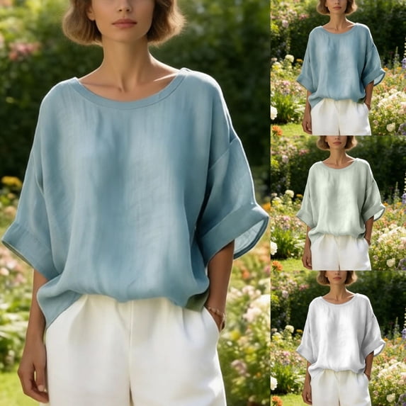 Womens Spring Tops 2026 Plus Size Casual Shirt Solid Color Loose Round Neck Drop Shoulder Tunic Top For