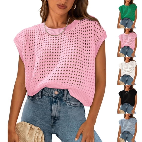Womens Spring Tops 2026 Summer Shirts Crochet Cap Sleeve Sweater Pullover Cute Beach Vacation Clothes Beige S